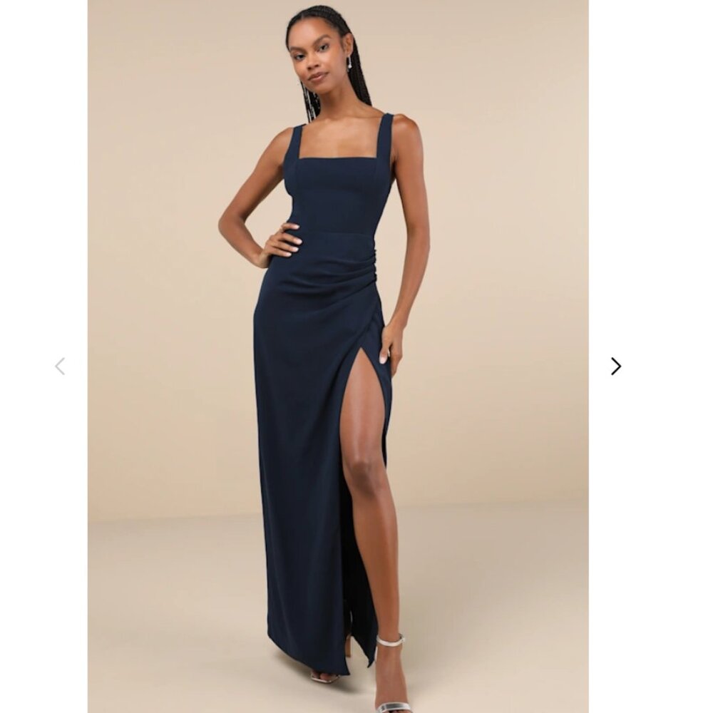 Lulu's Glamorous Disposition Navy Ruched Maxi Dress (Navy, XL)